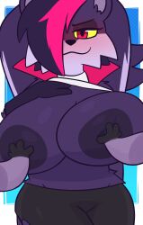 big_breasts breasts crushpepper eyelashes female first_person_view fur hair hair_over_eye hi_res huge_breasts indigo_park looking_at_viewer male mammal mascot_horror mephitid purple_body purple_fur rambley_raccoon salem_the_skunk size_difference skunk smaller_male solo tagme yellow_eyes