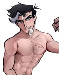 1boy bara condom condom_in_mouth condom_wrapper condom_wrapper_in_mouth gay hazbin_hotel hazbin_hotel_(season_2) hellaverse heterochromatic_eyes heterochromatic_irises heterochromia human_vox_(hazbin_hotel) implied_nudity male_only muscular muscular_male pinksartdump twunk vincent_whittman vincent_whittman_(hazbin_hotel) vox vox_(hazbin_hotel) yaoi