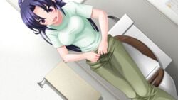 black_hair blush clothing collarbone dutch_angle embarrassed female fully_clothed game_cg have_to_pee isajou_haruka long_hair mezameru_to_itoko_o_mamoru_bishoujo_kenshi_ni_natteita open_mouth peeing peeing_self ponytail purple_eyes short_sleeves solo standing standing_pee t-shirt tied_hair toilet tongue urinating urinating_female urination urine urine_soaked urine_stain wetting wetting_clothing wetting_self