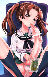 blush breasts brown_eyes brown_hair censored erection female foreskin futa_only futanari girls_und_panzer hair hamoto has_uncensored_version huge_cock intersex kadotani_anzu long_hair looking_at_viewer penis pussy small_breasts tied_hair twintails veiny veiny_penis