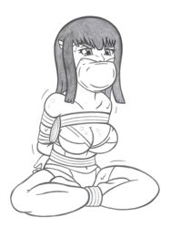 angry arms_behind_back bondage bound bound_ankles bra breasts cleavage cross-legged crossed_legs female femsub gag gagged kill_la_kill kiryuuin_satsuki medium_breasts medium_hair monochrome panties sitting spread_legs sweat tape_gag thighhighs underwear zalder-sm