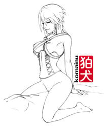 aqua_(kingdom_hearts) arm_support artist_name bottomless breasts female fingerless_gloves gloves highres kingdom_hearts kingdom_hearts_birth_by_sleep kneeling komainu_(artist) line_art monochrome nipples pubic_hair sex short_hair simple_background solo_focus straddling straight white_background