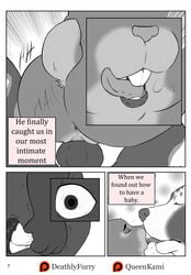 2017 adultery animal_genitalia anthro anus ass bonnie_hopps canine comic deathlyfurry digital_media_(artwork) disney duo english_text erection female fur hi_res interspecies kissing knot lagomorph male mammal narration nude open_mouth page_7 penetration penis pussy queenkami rabbit sex stu_hopps text tongue vaginal_penetration zootopia