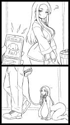 1boy 1girls all_fours before_and_after body_modification drooling female huge_breasts hypnosis inksgirls leash long_hair mind_control monochrome nude original original_character shrinking third-party_edit