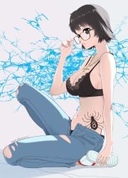 big_breasts black_bra black_eyes black_hair black_panties blue_jeans blue_pants bra breasts cacn chain_necklace chains cleavage closed_mouth commentary_request cross cross_necklace denim female glasses highres holes_in_clothes hunter_x_hunter inverted_cross jeans jewelry large_breasts lips necklace no_shirt open_fly panties pants phantom_troupe ripped_clothing ripped_jeans shizuku_murasaki shoes short_hair sitting sneakers solo spider_tattoo tattoo torn_clothes torn_pants underwear