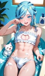 1boy ai_generated bath bathing bathroom bathtub blowing blowing_bubbles blue_eyes bra bubble_bath bubbles bulge cat_cutout feline femboy friends grusha_(pokemon) happy kitten kitten_play lingerie male nail_polish nails_painted otoko_no_ko panties pet pet_kitten playing playing_in_bathtub playing_with_bubbles pokemon thighs water