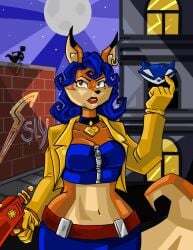 art_style_imitation beauty_mark belt big_breasts blue_hair blue_top breasts brick_wall brown_eyes carmelita_fox cleavage coat collar collarbone female fox_ears fox_girl fox_tail furry furry_female gloves graffiti gun kittykey13 large_breasts lipstick makeup midriff mole mole_on_face mole_under_eye navel night night_sky police policewoman sly_cooper sly_cooper_(series) sony_interactive_entertainment sucker_punch_productions tail thin_waist wide_hips yellow_coat yellow_gloves zipper zipper_pull_tab