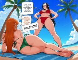 1futa 1girls ai_generated ass barefoot beach bikini black_hair blue_sky boa_hancock breasts cloud day earrings english_text enjoyerartai feet female futa_on_female futa_with_female futanari green_bikini hands_on_hips hi_res jewelry large_breasts long_hair lying multiple_girls nami_(one_piece) navel on_side one_piece orange_hair outdoors palm_tree red_bikini sky soles speech_bubble swimsuit toes tree