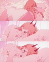 ass bedroom_eyes behind_view blonde_hair chainsaw_man detailed_eyes face_down_ass_up flower half_naked horns lingerie official_art open_mouth panties power_(chainsaw_man) red_eyes sharp_teeth teasing teasing_viewer tongue tongue_out topless