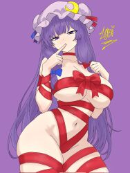 1girls breasts christmas cleavage drawlab33t exposed_hips female hat hip_cleavage large_breasts long_hair looking_at_viewer mostly_nude navel patchouli_knowledge purple_background purple_eyes purple_hair simple_background solo thick_thighs thighs touhou