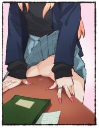 acht black_sweater blue_jacket book clothes_lift crotch_rub female female_masturbation fingernails grey_background grey_skirt gyaru highres jacket kitagawa_marin long_hair masturbation momdadno open_clothes open_jacket pink_nails plaid_clothes plaid_skirt pleated_skirt pussy sharp_fingernails shaved_pussy skirt skirt_lift solo sono_bisque_doll_wa_koi_wo_suru sweater table table_humping teenage_girl