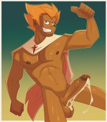 1boy ankama armpit_hair armpit_tuft brown_eyes cum cum_drip cum_trail cumshot erect_penis erection gay gootoonz gradient_background grinning_at_viewer handless_cum iop looking_at_viewer male_focus male_only orange_hair penis percedal pointing_at_self simple_background tan_body tan_skin testicles thumbs_up tristepin wakfu