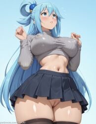 1girls ai_generated alternate_costume aqua aqua_(konosuba) big_breasts black_skirt black_thighhighs blue_background blue_eyes blue_hair blue_skirt blush breasts cleft_of_venus covered_nipples cowboy_shot crop_top cropped_sweater curvy female female_only flying_sweatdrops from_below gradient_background grey_sweater hair_between_eyes hair_ornament hair_rings hands_up kono_subarashii_sekai_ni_shukufuku_wo! konosuba large_breasts light-skinned_female light_skin long_hair long_sleeves looking_up microskirt midriff miniskirt navel no_panties parted_lips pleated_skirt puffy_nipples pussy ribbed_sweater shiny_skin simple_background single_hair_ring skindentation skirt solo stomach sweater thick_thighs thighhighs thighs turtleneck turtleneck_sweater uncensored very_long_hair web_address wide_hips xxai