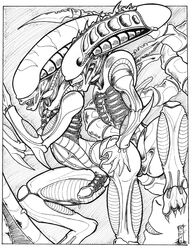 2boys alien alien_(franchise) anal anal_sex ass black_and_white erection gay glans male male_xenomorph monochrome nude open_mouth penetration penis precum sex size_difference smile syrinoth teeth text thrusting tube wide_hips xenomorph yaoi