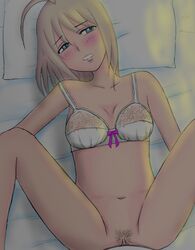 ahoge artoria_pendragon blonde_hair blush bottomless bra breasts cleavage fate/stay_night fate_(series) female green_eyes implied_sex morinokomichi navel no_panties pubic_hair pussy saber short_hair small_breasts solo underwear