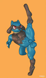 1boy 2016 3d animal_genitalia anthro balls hi_res impious male male_only muscular nintendo pokemon pose riolu sheath solo stretching video_games