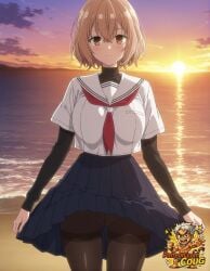 1girls ai_assisted ai_generated alternate_breast_size artist_logo artist_name beach beach_background black_sleeves blue_skirt brown_eyes brown_hair brown_pantyhose cameltoe clouds cloudy_sky coug expressionless facing_viewer female female_only front_view large_breasts light_brown_hair long_skirt long_sleeves looking_at_viewer no_panties ocean pantyhose patreon_username red_ribbon ribbon sailor_collar sand school_uniform serafuku shirt short_hair short_sleeves skirt solo stable_diffusion standing sunset undershirt watashi_wo_tabetai_hitodenashi water white_shirt yaotose_hinako