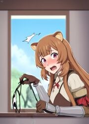ai_generated animal_ears armor bangs beautiful_day belt big_breasts blue_sky blush breastplate bright_day brown_gloves brown_hair cow_bikini cowkini female gauntlets glove gloves hentai inn knees_up long_hair long_sleeves motion_lines nature nature_background nervous offering_clothing open_terrace pink_eyes pixel_dream_gen portrait puffy_sleeves raccoon_ears raccoon_girl raccoon_tail raphtalia recoil red_ribbon ribbed_sweater ribbon sexy_body sexy_waist skirt surprised sweater tate_no_yuusha_no_nariagari the_rising_of_the_shield_hero uncensored