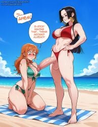1futa 1girls ai_generated bangs barefoot beach beach_towel bikini black_hair blue_sky blush boa_hancock breasts cleavage cloud day earrings english_text enjoyerartai erection female full_body futa_on_female futa_with_female futanari green_bikini hand_on_hip hands_on_hips hi_res jewelry kneeling large_breasts large_penis long_hair multiple_girls nami_(one_piece) navel ocean one_piece orange_hair outdoors penis penis_awe red_bikini side-tie_bikini_bottom sky smile speech_bubble standing striped_bikini sweat swimsuit testicles towel uncensored veins veiny_penis