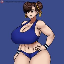 1girls abs big_breasts breasts brown_eyes capcom chun-li cleavage coloredyiddies large_breasts looking_at_viewer muscular muscular_female solo street_fighter