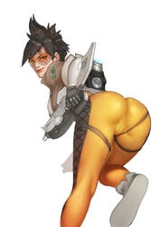 ass bent_over bodysuit brown_hair cameltoe female goggles mezzo_(orbanga21) overwatch short_hair solo tight_clothes tracer yeagraam