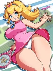 1girls artist_name bare_shoulders blonde_hair blue_earrings blue_eyes bow bow_panties breasts covered_navel crown dress earrings female gold_crown large_breasts long_hair looking_at_viewer mario_(series) mario_tennis nintendo no_gloves nyazuliart panties pantyshot pantyshot_(standing) ponytail princess_peach solo solo_female solo_focus tennis_racket tennis_uniform thick_thighs thighs underwear white_panties