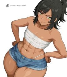 1boy 1femboy abs ai_generated black_hair blush blush_lines bulge chest_sarashi cocky cocky_smile collarbone denim_shorts erection_under_clothes femboy hands_on_own_hips high_ponytail huge_ass huge_hips huge_thighs light_smile male male_focus medium_hair navel oc original_character panty_straps sarashi smirk solo solo_femboy solo_focus thick thick_ass thick_thighs thronart wide_hips wolf_cut yellow_eyes