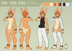 1boy 2016 anthro blue_eyes clothing collar elbow_gloves eyewear fetalstar glasses gloves hair humanoid_penis kai_yun-jun lagomorph legwear male male_only mammal model_sheet nude orange_hair penis pose rabbit rubber shackles solo stockings