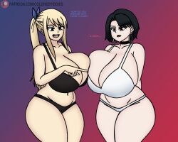 2girls big_breasts bikini blonde_hair breasts coloredyiddies earrings english_text fairy_tail huge_breasts large_breasts lei_(coloredyiddies) lucy_heartfilia original ponytail short_hair