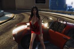 3d 3d_(artwork) absurd_res alternate_outfit assassin bare_shoulders black_hair black_hair_female cityscape cleavage collarbone expressionless fan_character fiona_(luciusthegreat) girlsassassin grand_theft_auto grand_theft_auto_online grand_theft_auto_v huge_breasts leaning_against_car long_hair los_santos mature_woman mercenary older_woman parody posing red_dress sitting source_request sports_car sunglasses_on_head tomboyish wholesome
