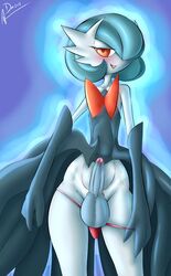 1boy 2018 3_fingers alternate_color anthro ass aura bare_shoulders big_testicles blue_border blue_hair blush clothed clothing dark-moltres dress erection eyelashes femboy gardevoir girly gloves hair_over_one_eye half-closed_eyes humanoid lipstick looking_at_viewer male male_gardevoir male_only male_pokemon mega_evolution mega_gardevoir mostly_nude nintendo orange_eyes panties penis pokémon_(species) pokemon pokemon_(species) pokemon_rse pokemon_xy presenting presenting_hindquarters presenting_penis purple_background red_eyes shiny_pokemon short_hair smile solo standing tanlines teeth testicles text thin_waist thong trap uncut underwear video_games watermark white_skin