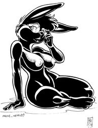 2003 anthro black_and_white breasts closed_eyes eyewear female glasses lagomorph mammal max_blackrabbit maxine_blackbunny monochrome nipples nude rabbit sitting solo