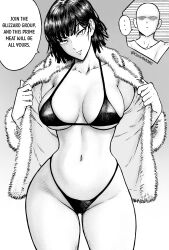 1boy 1girls 2d 2d_(artwork) absurdres bedroom_eyes belly big_breasts bikini black_and_white breasts carlx945380 cleavage coat collarbone confident confident_expression confident_female confident_pose dark_hair english_text female female_torso fubuki_(one-punch_man) greyscale hi_res highres hourglass_figure large_breasts light-skinned_female light_skin looking_at_viewer medium_hair monochrome navel one-punch_man open_mouth parted_lips presenting saitama saitama_(one-punch_man) seductive seductive_expression seductive_eyes seductive_look seductive_smile shaved_crotch slim_waist smile speech_bubble straight_hair swimsuit teasing thick_thighs thighs undressing upper_body wide_hips