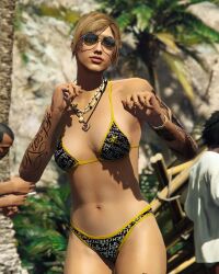1female 2022 2boys 3d 3d_(artwork) absurd_res absurdres alternate_outfit bare_shoulders beautiful_woman bikini brown_eyes brown_hair collarbone content_smile dancing femsub grand_theft_auto grand_theft_auto_online highres keiran_thompson keiranthompson_(artist) mature_woman navel necklaces oblivious oblivious_sexualization short_hair standing summer tattoos text_on_bikini tomboyish wide_hips