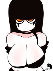 1girls annoyed artist_signature big_breasts black_hair breasts cleavage emo emo_girl eyeliner haha_uma_esquisita huge_breasts insane_okamy looking_at_viewer pale-skinned_female pale_skin pov