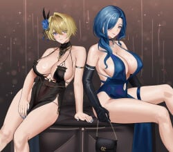 2girls absurdres anoreika_tomoe arm_support armlet backless_outfit bare_shoulders black_dress black_gloves blonde_hair blue_choker blue_dress blue_eyes blue_flower blue_hair blue_nails blue_rose blush breasts choker cleavage closed_mouth clothing_cutout collarbone commentary covered_erect_nipples covered_navel cushion dp-12_(girls'_frontline) dress elbow_gloves evening_gown flower girls'_frontline girls'_frontline_2:_exilium gloves gold_choker grey_eyes gun hair_between_eyes hair_flower hair_intakes hair_ornament hair_over_one_eye hair_over_shoulder halter_dress halterneck helen_(girls'_frontline_2) helen_(starlit_waltz)_(girls'_frontline_2) highres holding holding_gun holding_weapon jewelry large_breasts long_hair looking_at_viewer mole mole_under_eye multicolored_hair multiple_girls navel navel_cutout necklace nikketa_(girls'_frontline_2) official_alternate_costume panties parted_bangs parted_lips pelvic_curtain pump_action rifle rose scope short_hair shotgun side-tie_panties sidelocks sitting skindentation sleeveless sleeveless_dress smile sniper_rifle standard_manufacturing_dp-12 streaked_hair thigh_strap trigger_discipline underwear variant_set vsk-94 vsk-94_(girls'_frontline) vsk-94_(night_on_the_silver_bay)_(girls'_frontline) weapon white_streaks