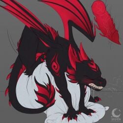 animal_genitalia back_tuft black_body bodily_fluids breath cheek_tuft claws clenched_teeth closed_eyes curled_tail dragon drooling facial_tuft fan_character feral flat_colors folded_wings frill_(anatomy) fur genital_shot genital_slit genitals grinding head_spikes hi_res horn humping internal knot knotted_penis male markings masturbation membrane_(anatomy) membranous_frill membranous_wings mythological_creature mythological_scalie mythology penis penis_shot pillow pillow_humping raised_leg red_body red_markings saliva scales scalie selitoxicmoon sharp_teeth solo spiked_penis spiked_tail spikes spikes_(anatomy) tail teeth tuft wings