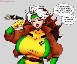 2girls attribute_theft big_breasts blonde_hair breast_expansion breasts carol_danvers coloredyiddies english_text freckles gloves green_eyes headband huge_breasts humor jacket large_breasts marvel marvel_comics ms._marvel_(carol_danvers) multicolored_hair rogue_(x-men) speech_bubble x-men
