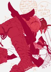 1female 1girl1boy 1girls 4_arms artist_name artist_signature blood_devil_(chainsaw_man) chainsaw_man demon_tail denji_(chainsaw_man) denji_(denjiman_form) devil_tail dialogue english english_dialogue english_text female horned_female horned_humanoid horns long_hair lowres lyonface monster_girl motion_lines multi_arm no_penetration power_(chainsaw_man) power_(devil_form) sharp_teeth speech_bubble