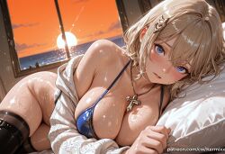 ai_generated ashley_graham bangs bare_shoulders bikini black_thighhighs blonde_hair blue_bikini blue_eyes blush bottomless breasts cleavage cross cross_necklace female female_only hair_ornament indoors jewelry kermixx large_breasts looking_at_viewer lying necklace off_shoulder on_bed on_side parted_lips resident_evil resident_evil_4 resident_evil_4_remake resident_evil_9:_requiem short_hair sky solo sunset swimsuit thighhighs wet window