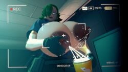 3d 3d_(artwork) 3d_model 3d_render 3dcg avis_(strangehero) avis_wail_(strangehero) cup dark_nipples foghorn_lewdhorn green_hair lactating lactating_nipples lactation milf milk milking milking_breasts recorded recording recording_video security security_camera security_guard strangehero tagme