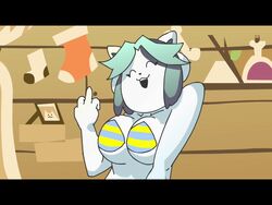 bikini bra cutec3_(artist) high_on_temmie_flakes middle_finger screenshot striped_bra temmie temshop undertale