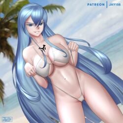 akame_ga_kill! bikini blue_eyes blue_hair esdeath_(akame_ga_kill!) female jay156 panty_pull solo