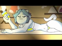 bikini bra cutec3_(artist) high_on_temmie_flakes lying_down screenshot striped_bra temmie temshop undertale