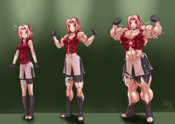 dated female female_only flexing gloves green_eyes hairband highres human looking_at_viewer muscle muscle_growth muscular_female naruto naruto_shippuden pegius pink_hair sakura_haruno signature solo torn_clothes transformation