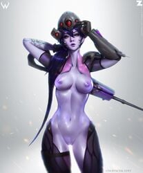 1girls breasts female female_only looking_at_viewer nipples overwatch paul_kwon pussy solo standing widowmaker zeronis