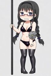 ai_generated akemi_homura ashamed big_head bikini black_panties buckler chibi crying light-skinned_female light_skin mahou_shoujo_madoka_magica shield solo stripper_pole