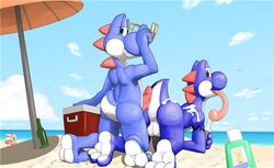 anus balls barefoot beach black_penis blue_scales bottle cum duo erection eyewear glasses grin male male_only mario_(series) nintendo nude outside penis scales scalie seaside sunscreen tongue tongue_out toshi21 umbrella video_games white_scales yaoi yoshi