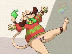 absurd_res anthro canid canine canis casual_chastity casual_exposure casual_nudity chastity_cage chastity_device clothing domestic_dog flat_chastity_cage generation_2_pokemon hi_res male male_only mammal nintendo nonbinary_(lore) pokemon pokemon_(species) smeargle solo speck_(speckostardust) speckostardust sweater topwear