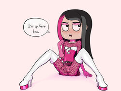 1boy androgynous balls_in_pantyhose beauty_mark black_hair blush bulge canon_crossdressing colored crossdressing dialogue eyeliner eyeshadow femboy gentlemanpaux girly gloves guy_hamdon high_heel_boots highlights long_hair male male_only mascara mole_under_eye penis penis_in_pantyhose penis_under_clothes pink_hair shezow shezow_(character) solo speech_bubble testicles text thigh_boots trap two_tone_hair